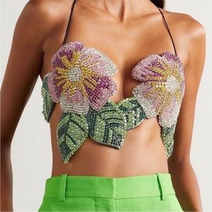 AREA Embroidered Crystal Flower Top